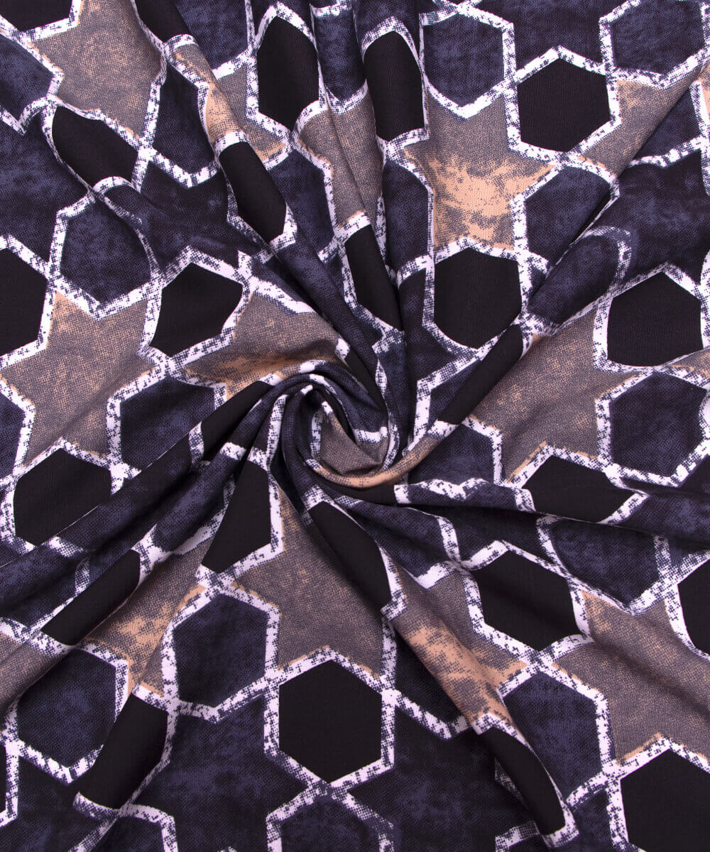 Black Colour Geometric Print Crepe Fabric