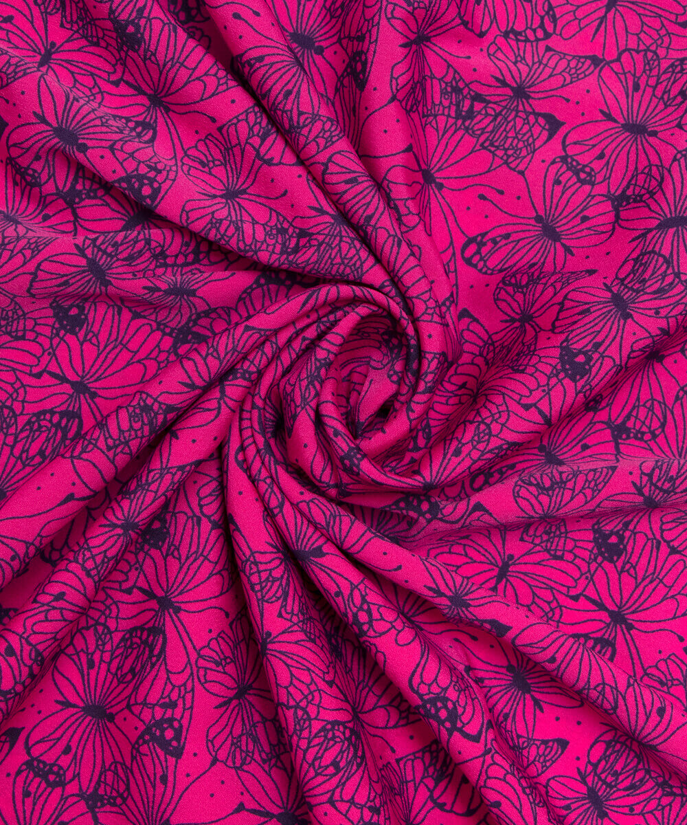 Magenta Colour Butterfly Print Crepe Fabric