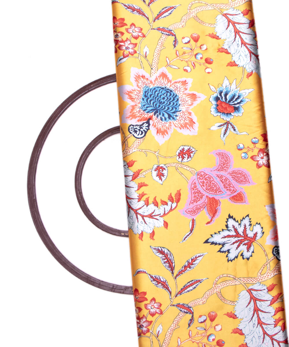 Yellow Mustard Colour Floral Print Satin Fabric