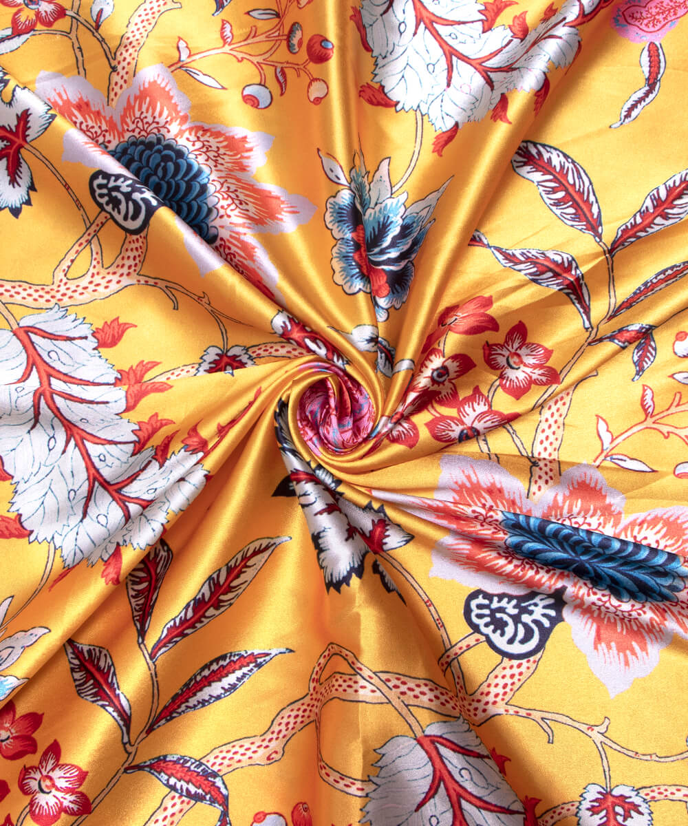 Yellow Mustard Colour Floral Print Satin Fabric