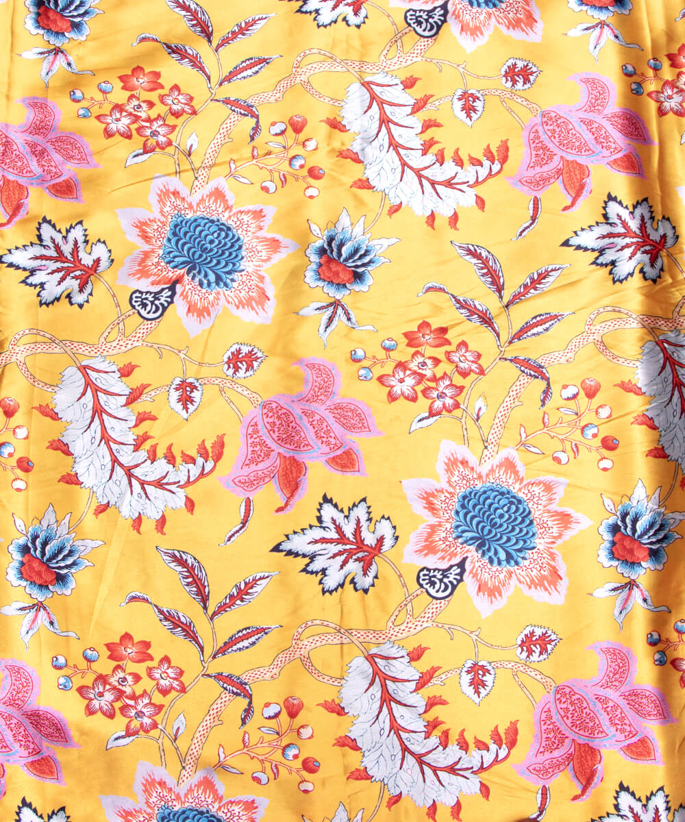 Yellow Mustard Colour Floral Print Satin Fabric
