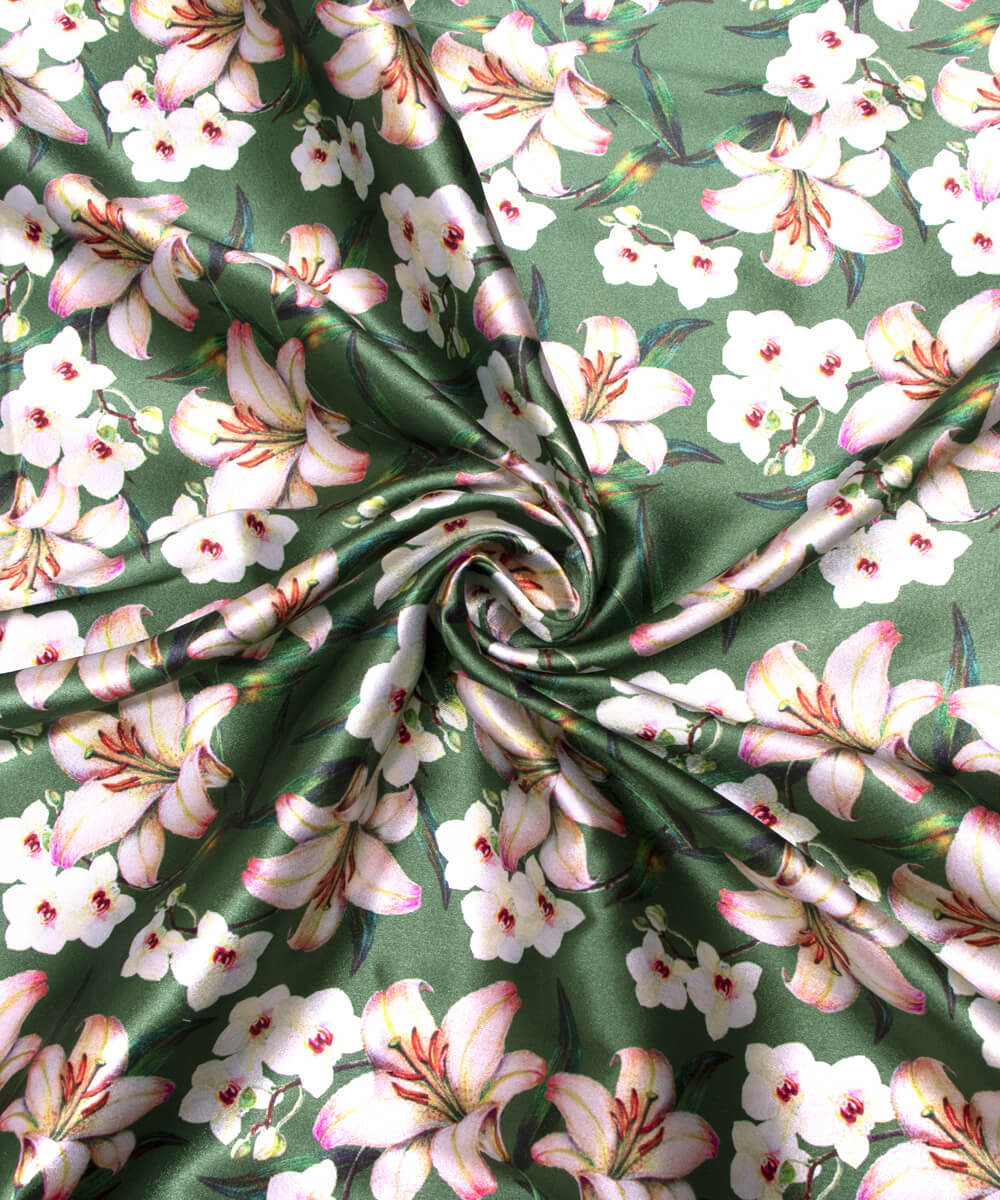 Green Colour Floral Print Satin Fabric