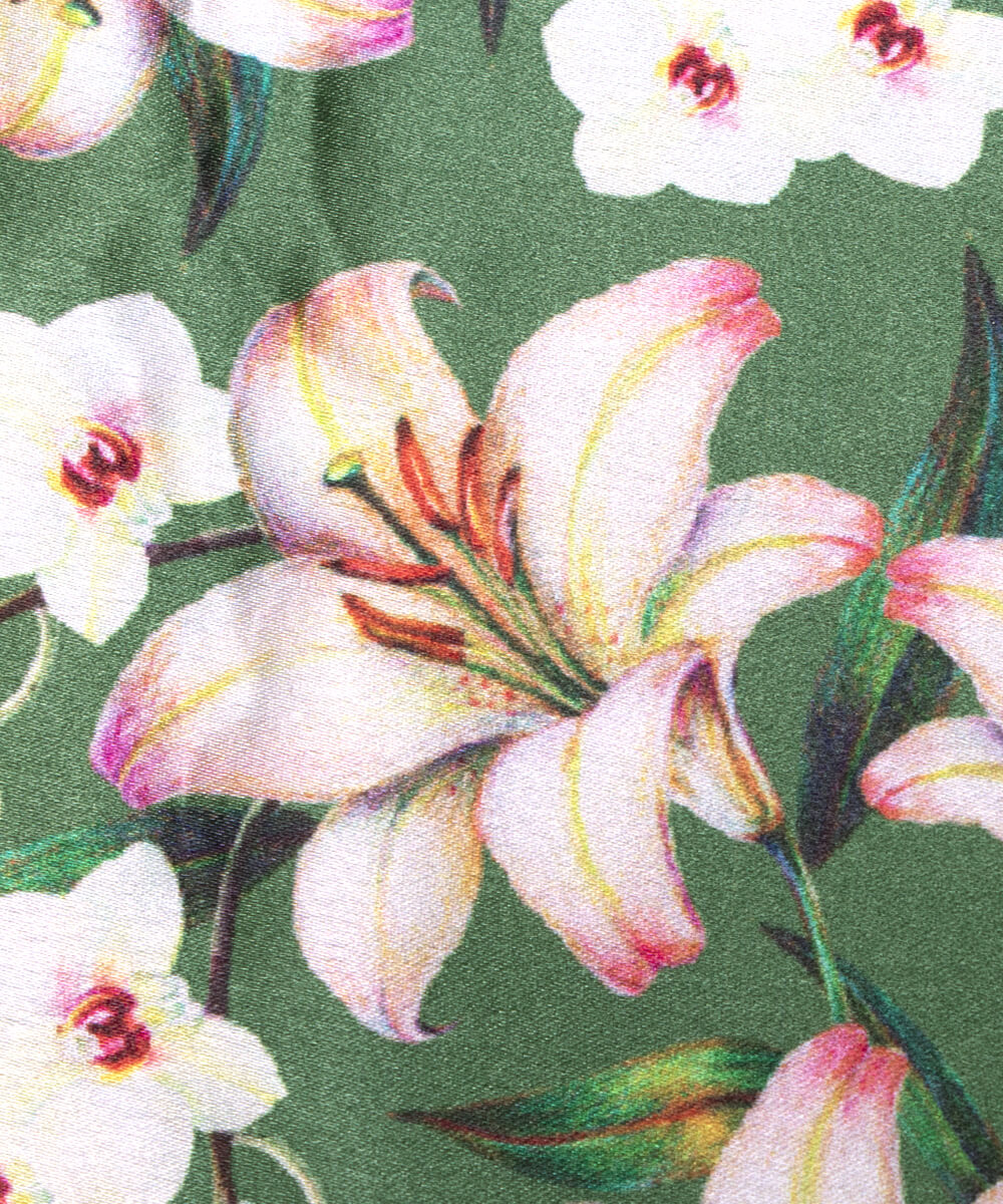 Green Colour Floral Print Satin Fabric