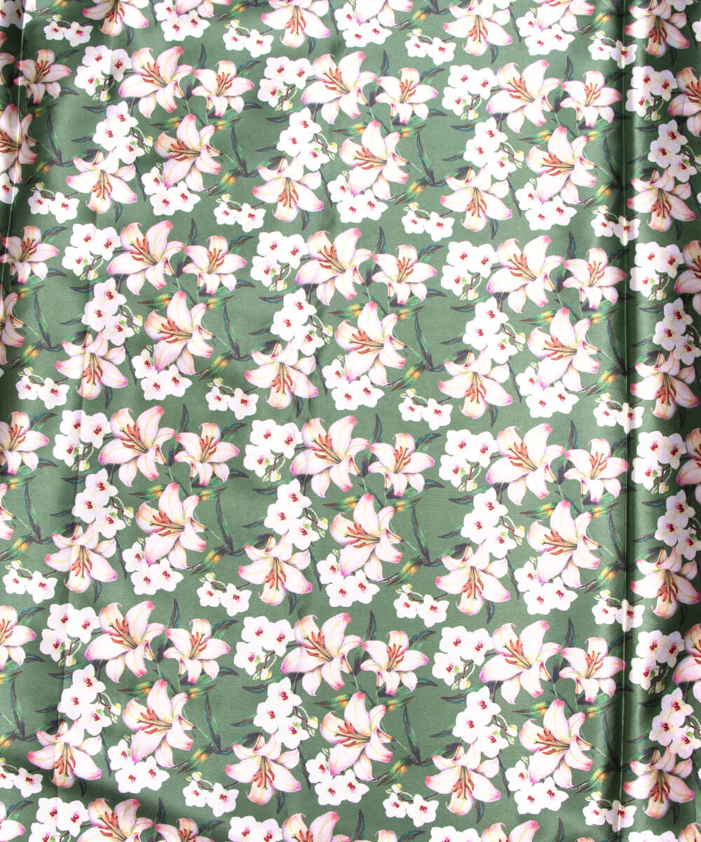 Green Colour Floral Print Satin Fabric