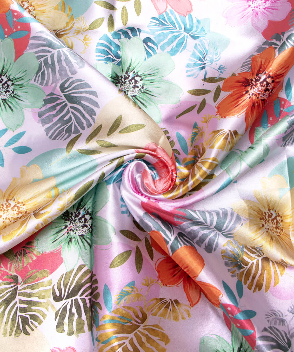 White Colour Floral Print Satin Fabric