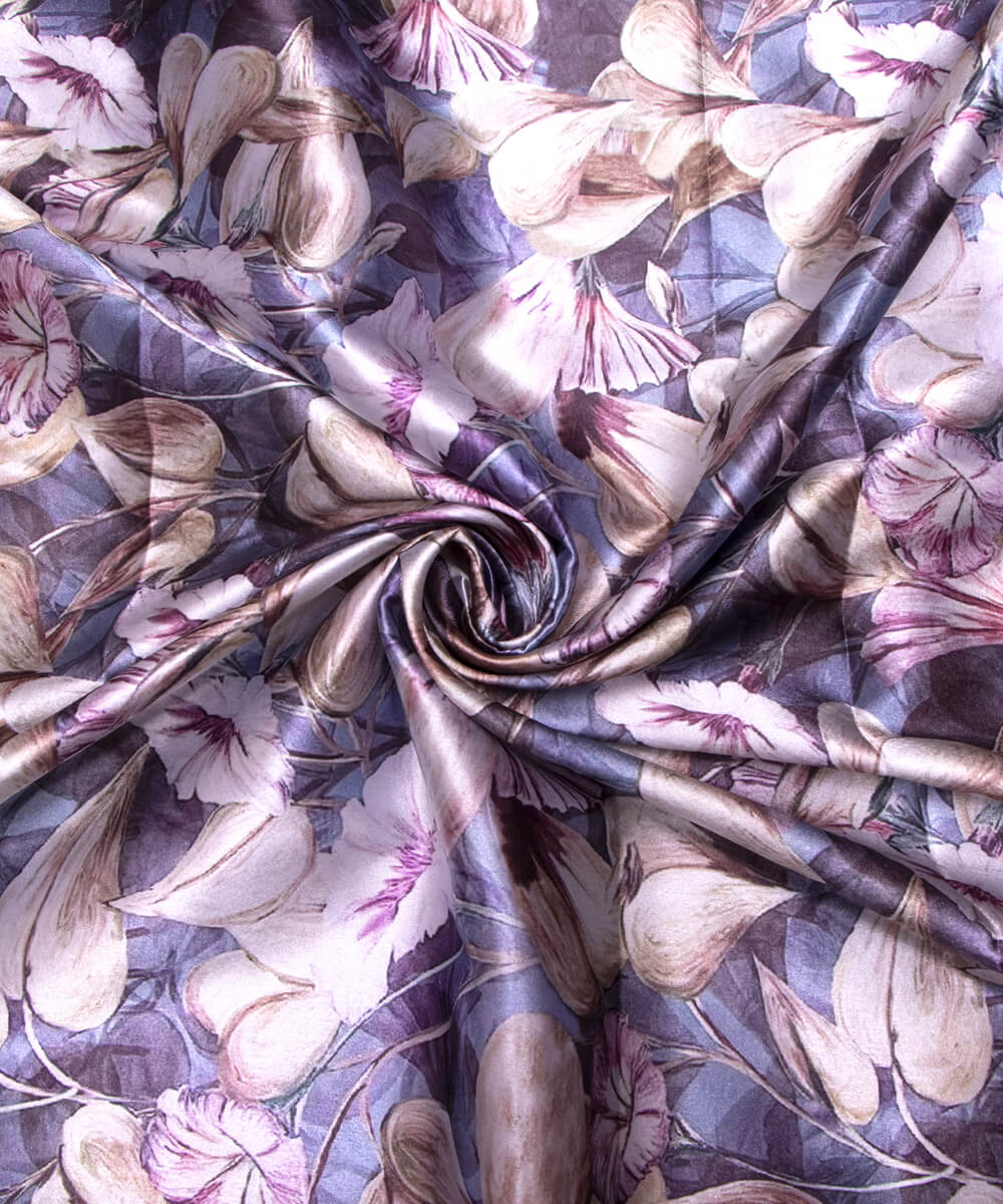 Greyish Blue Colour Leaf Print Satin Fabric