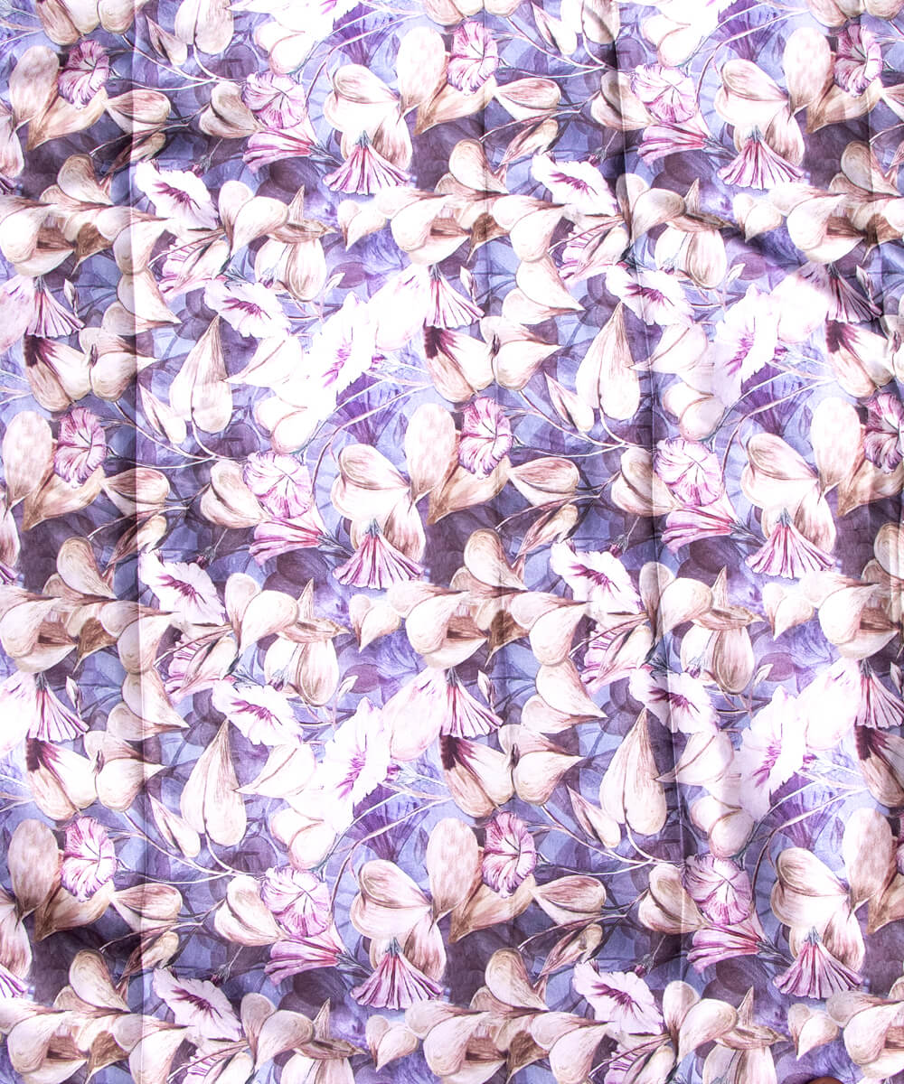 Greyish Blue Colour Leaf Print Satin Fabric