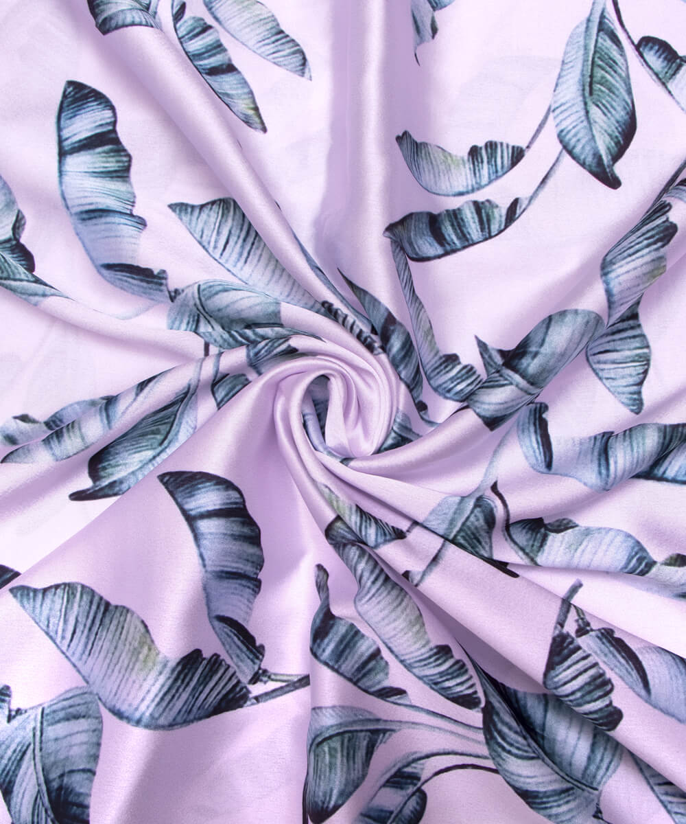 White Colour Leaf Print Satin Fabric