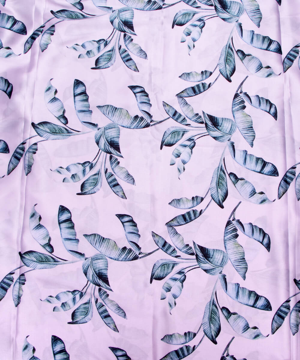 White Colour Leaf Print Satin Fabric