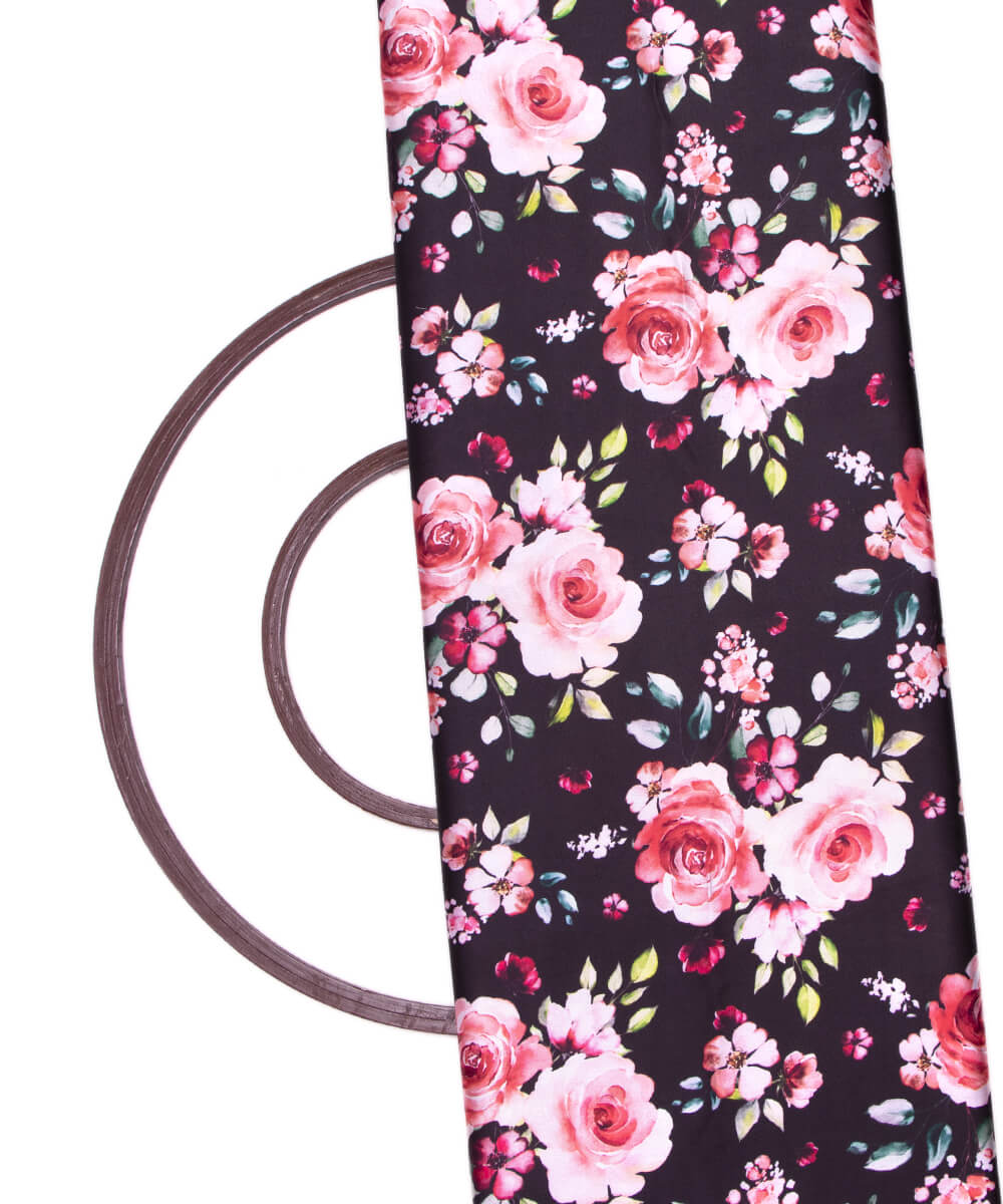 Black Colour Floral Print Satin Fabric