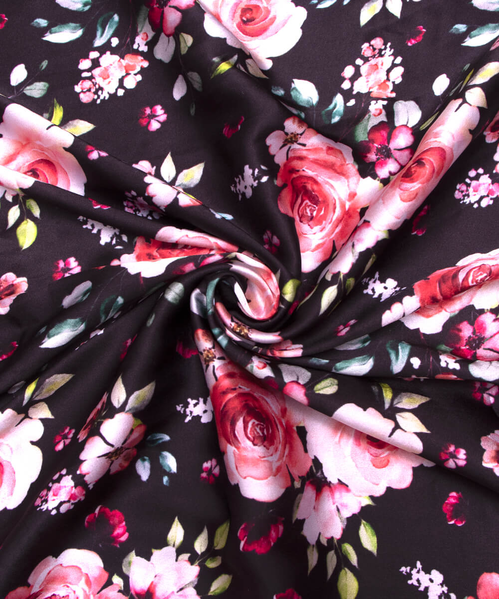 Black Colour Floral Print Satin Fabric