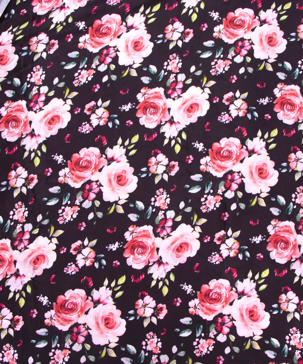 Black Colour Floral Print Satin Fabric