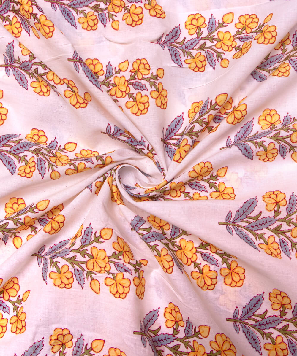 White Colour Floral Print Cotton Fabric