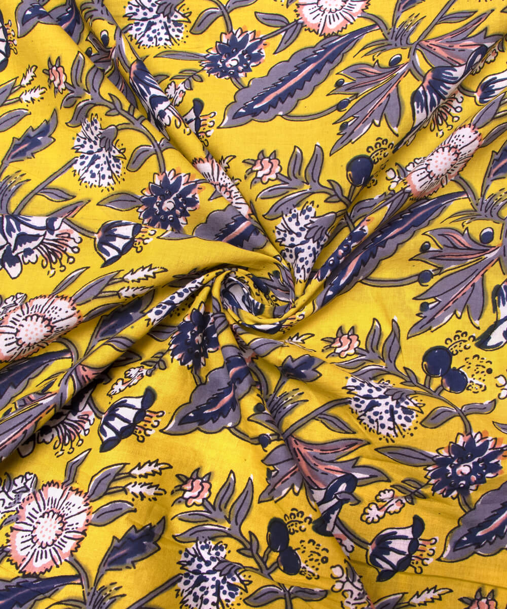 Yellow Colour Floral Print Cotton Fabric