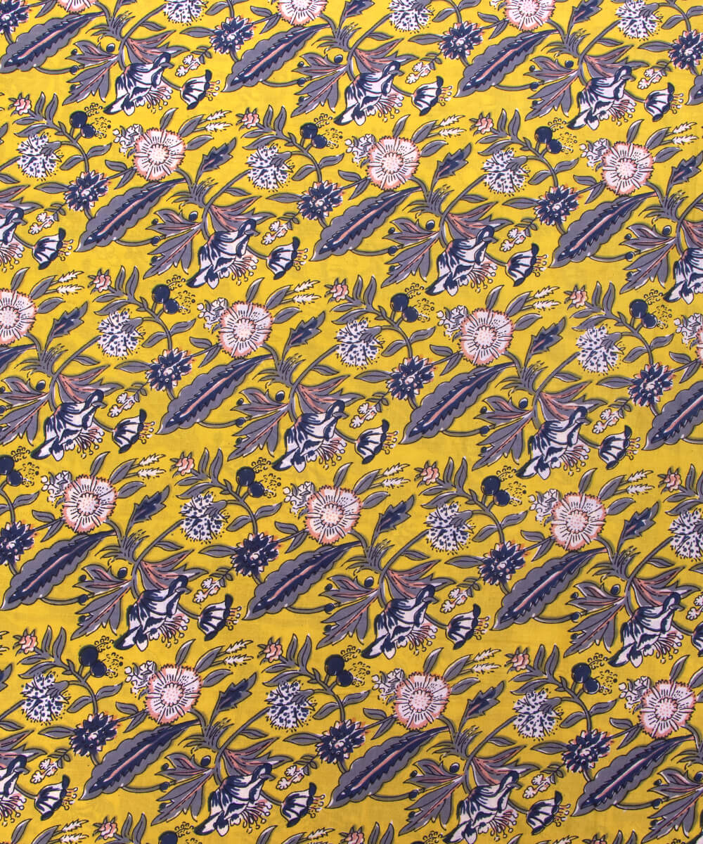 Yellow Colour Floral Print Cotton Fabric