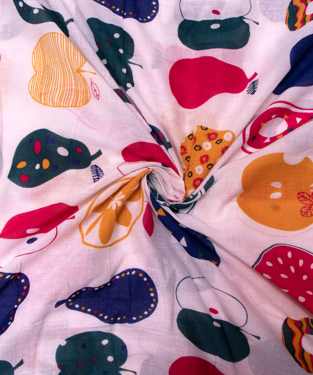 White Colour Kids Print Mulmul Cotton Fabric