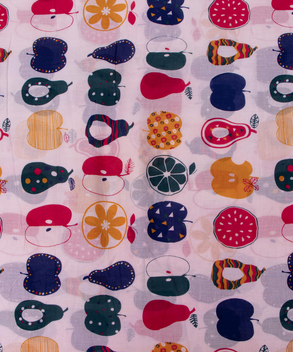 White Colour Kids Print Mulmul Cotton Fabric