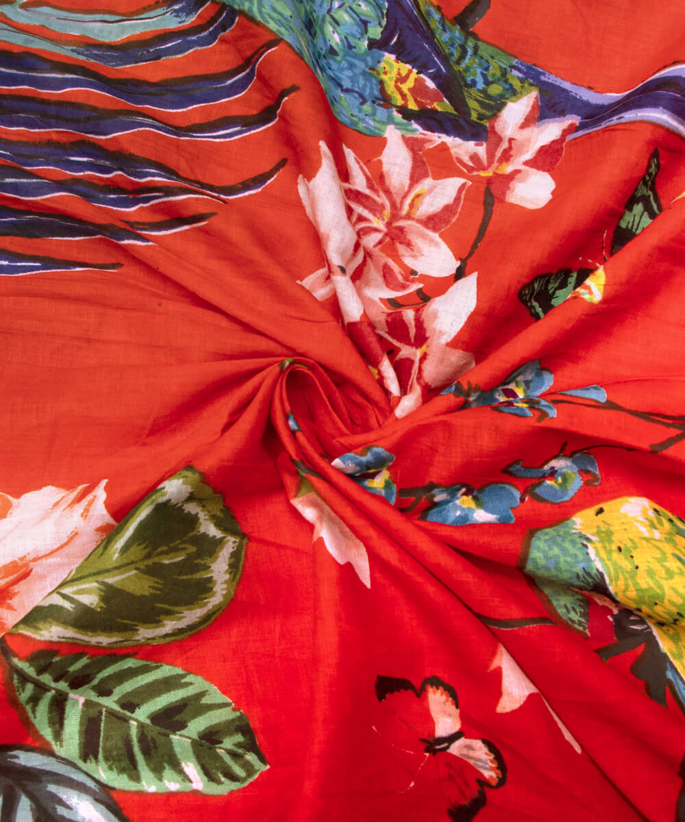 Tomato Red Colour Floral Print Mulmul Cotton Fabric