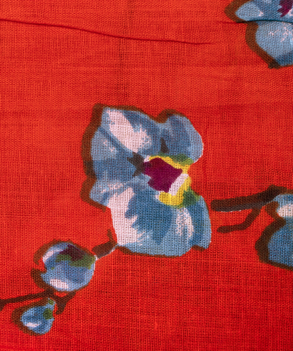 Tomato Red Colour Floral Print Mulmul Cotton Fabric