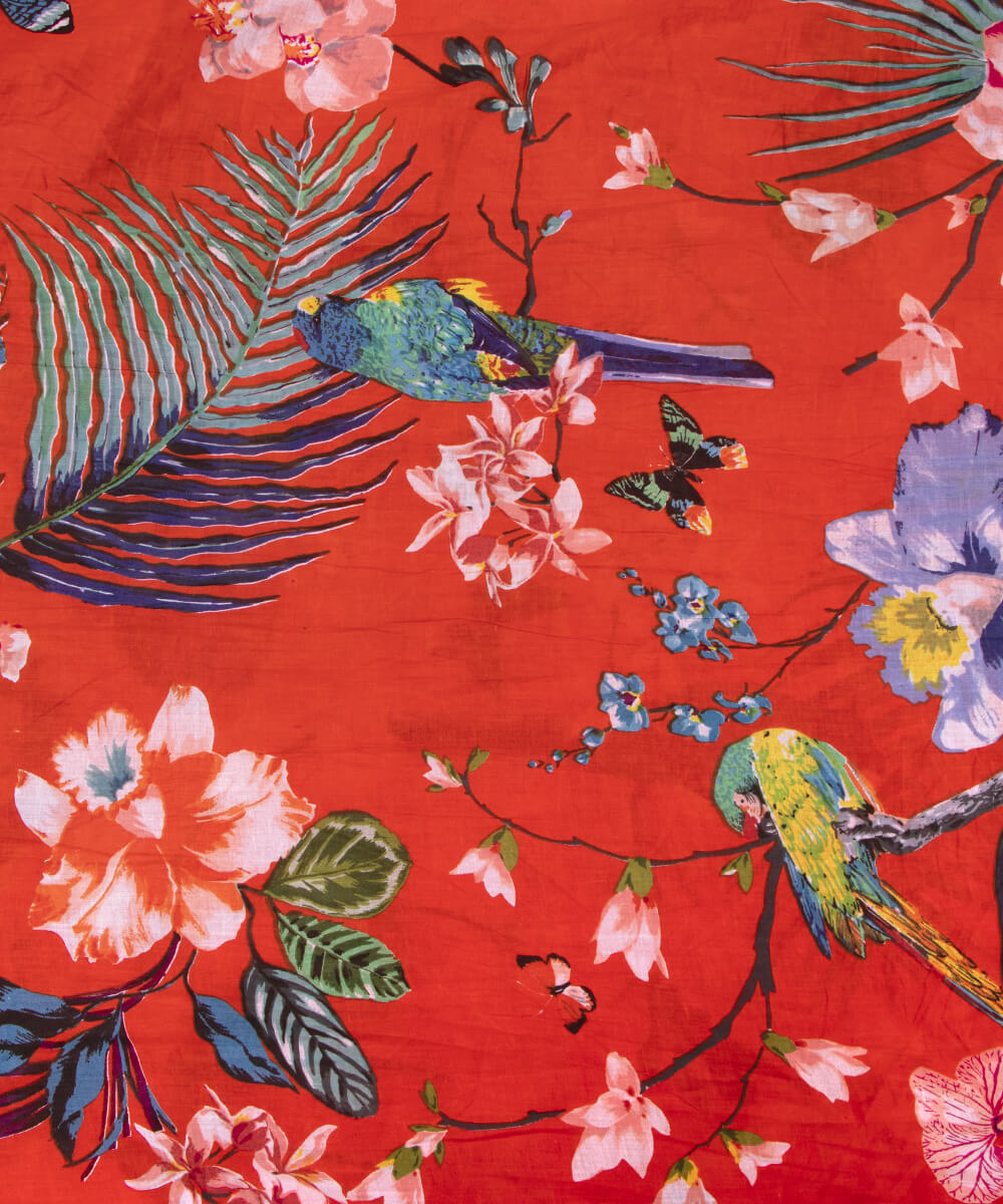 Tomato Red Colour Floral Print Mulmul Cotton Fabric