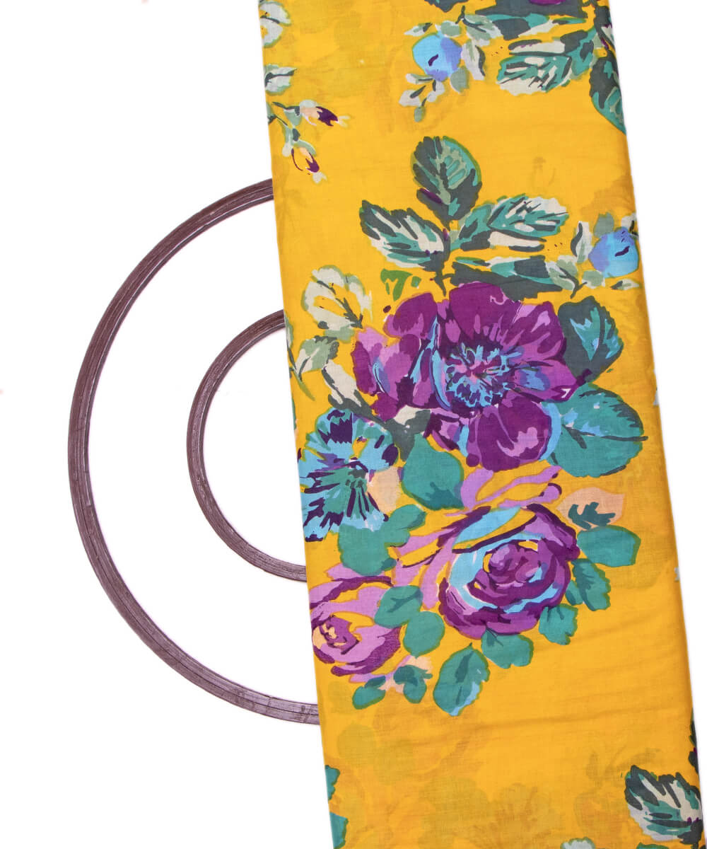 Yellow Colour Floral Print Mulmul Cotton Fabric
