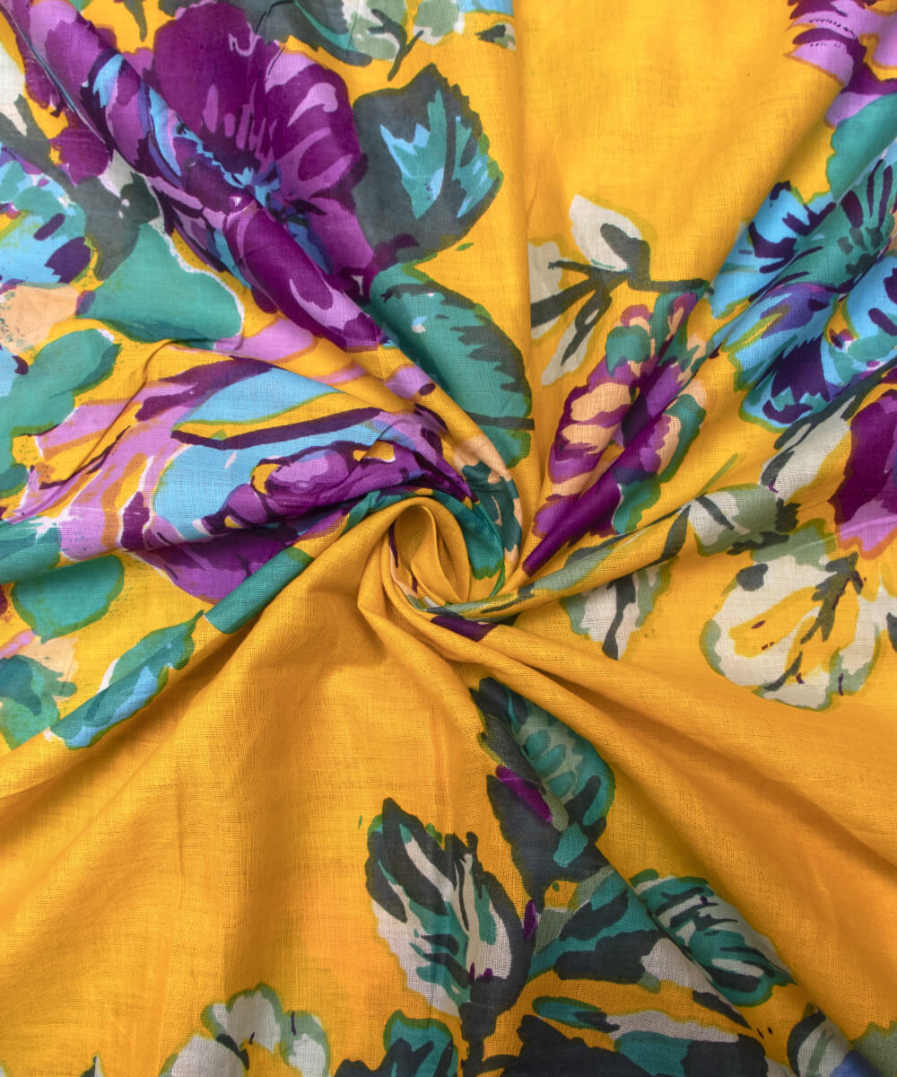 Yellow Colour Floral Print Mulmul Cotton Fabric