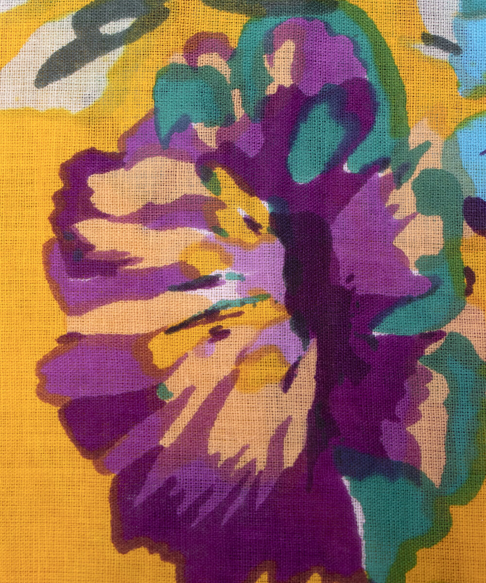 Yellow Colour Floral Print Mulmul Cotton Fabric