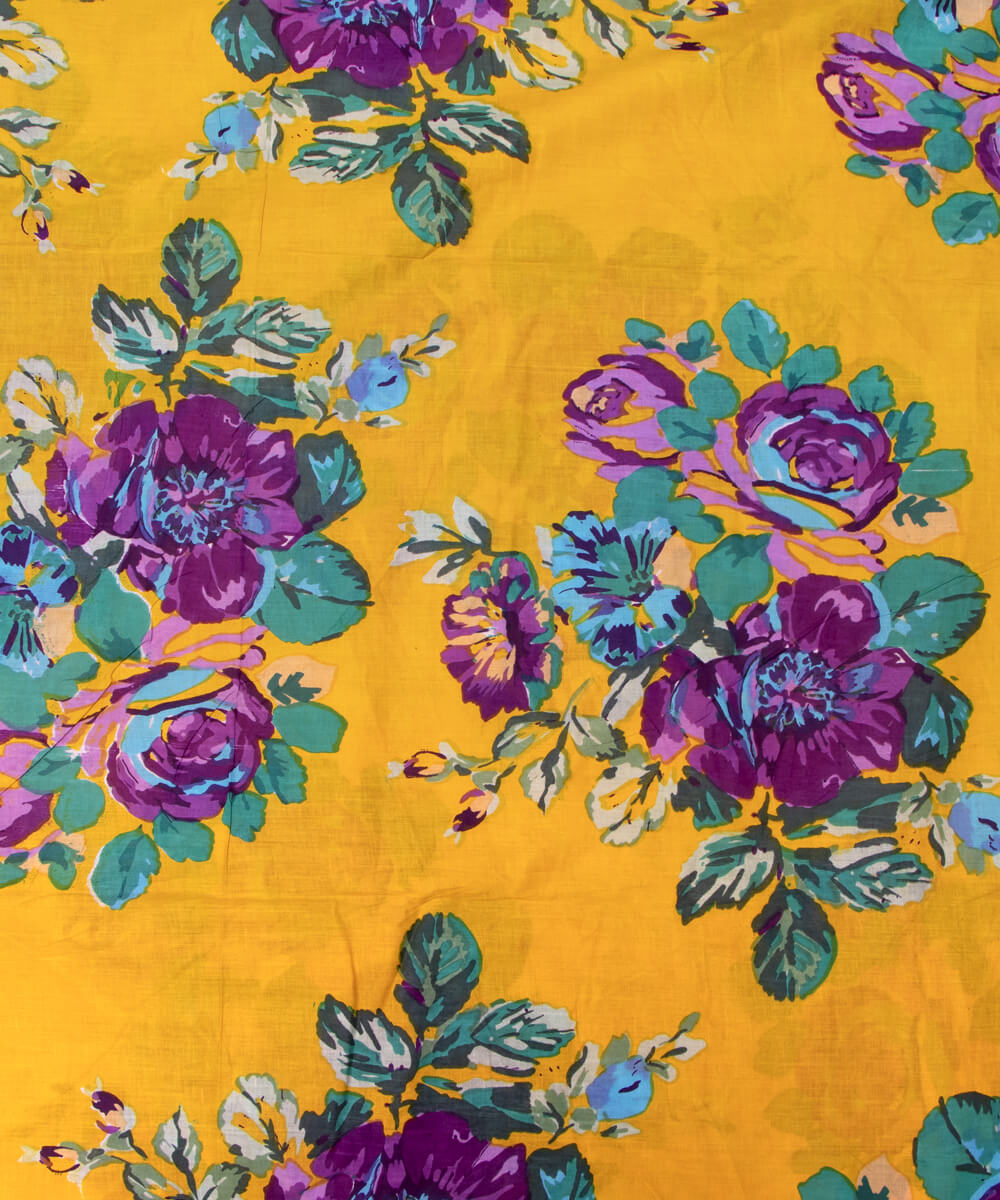 Yellow Colour Floral Print Mulmul Cotton Fabric