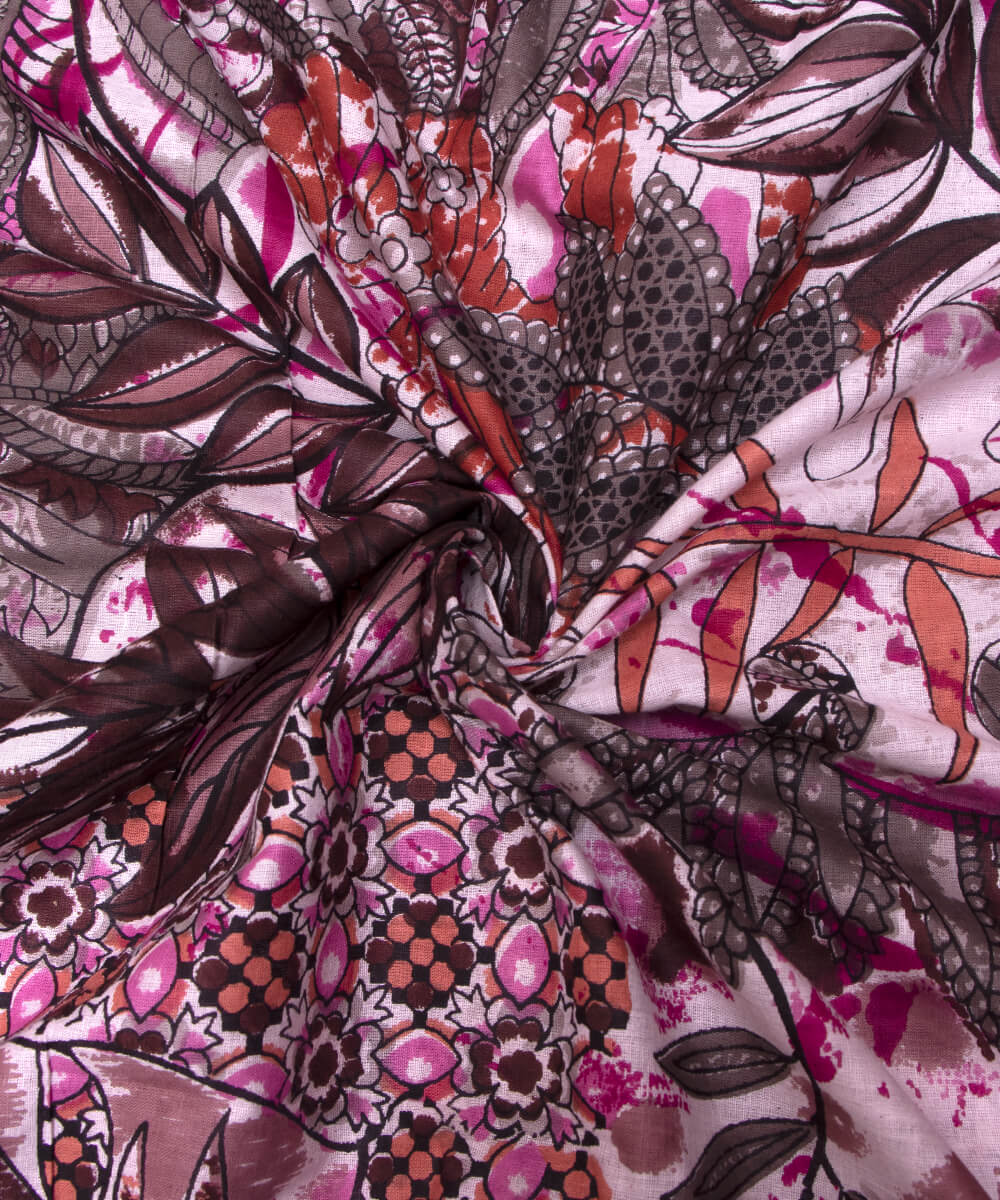 Multi Colour Leaf Print Mulmul Cotton Fabric