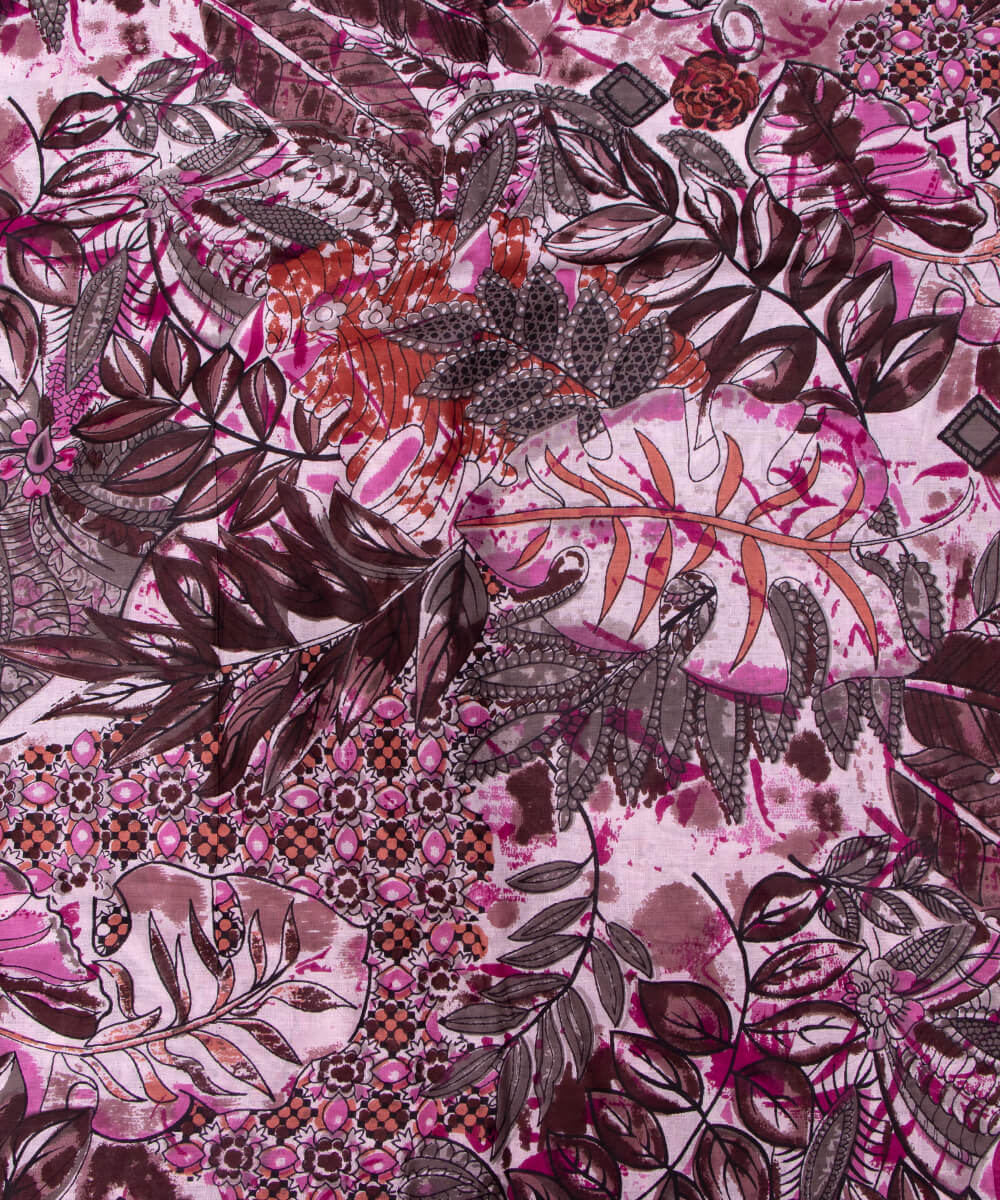 Multi Colour Leaf Print Mulmul Cotton Fabric