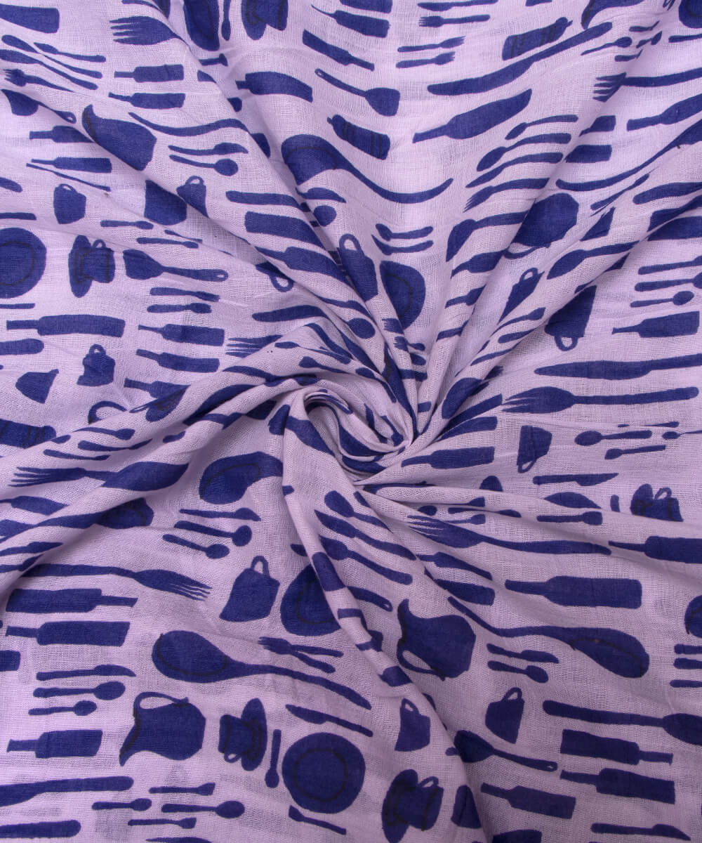 White Colour Object Print Mulmul Cotton Fabric