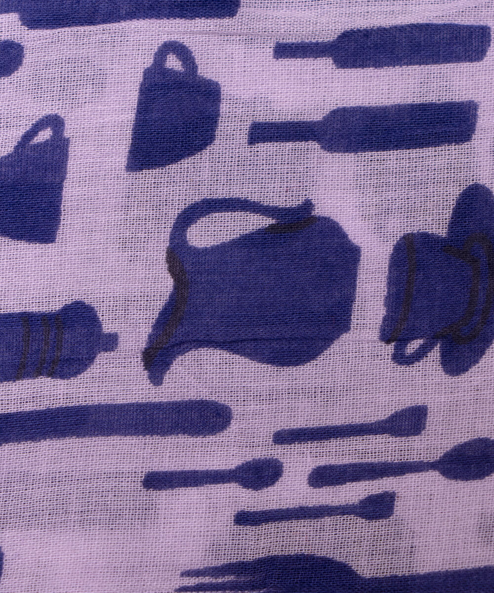 White Colour Object Print Mulmul Cotton Fabric
