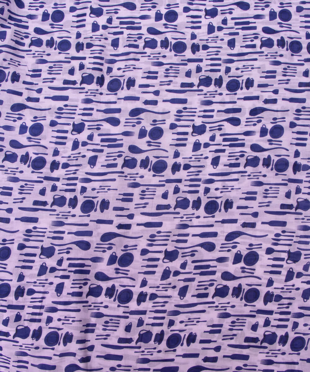 White Colour Object Print Mulmul Cotton Fabric
