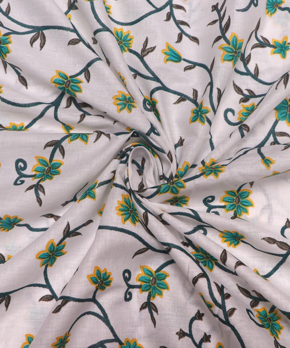 White Colour Floral Print Cotton Fabric