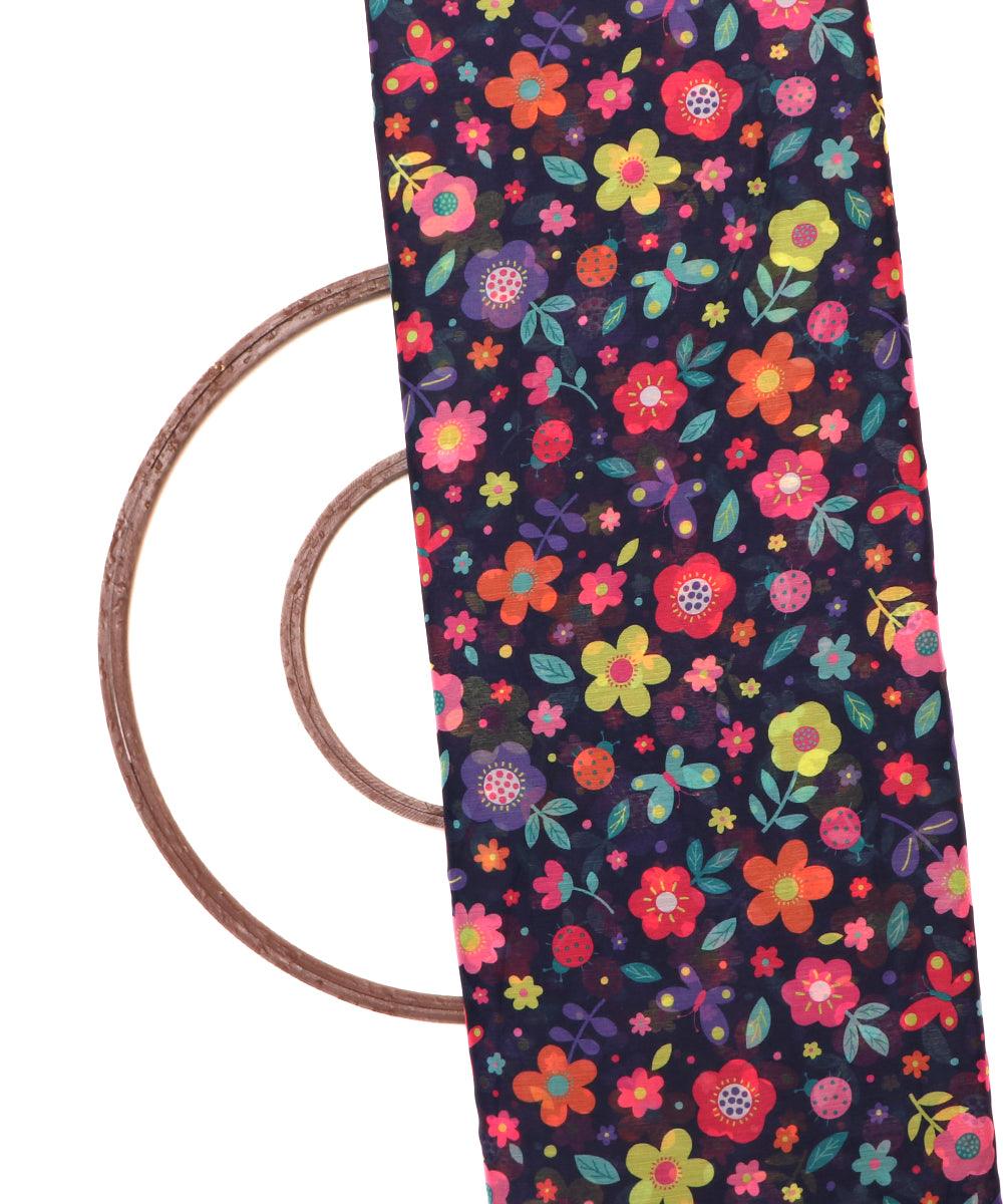 Dark Blue Colour Floral Print Digital Print Chiffon Fabric - Fabric Dekho