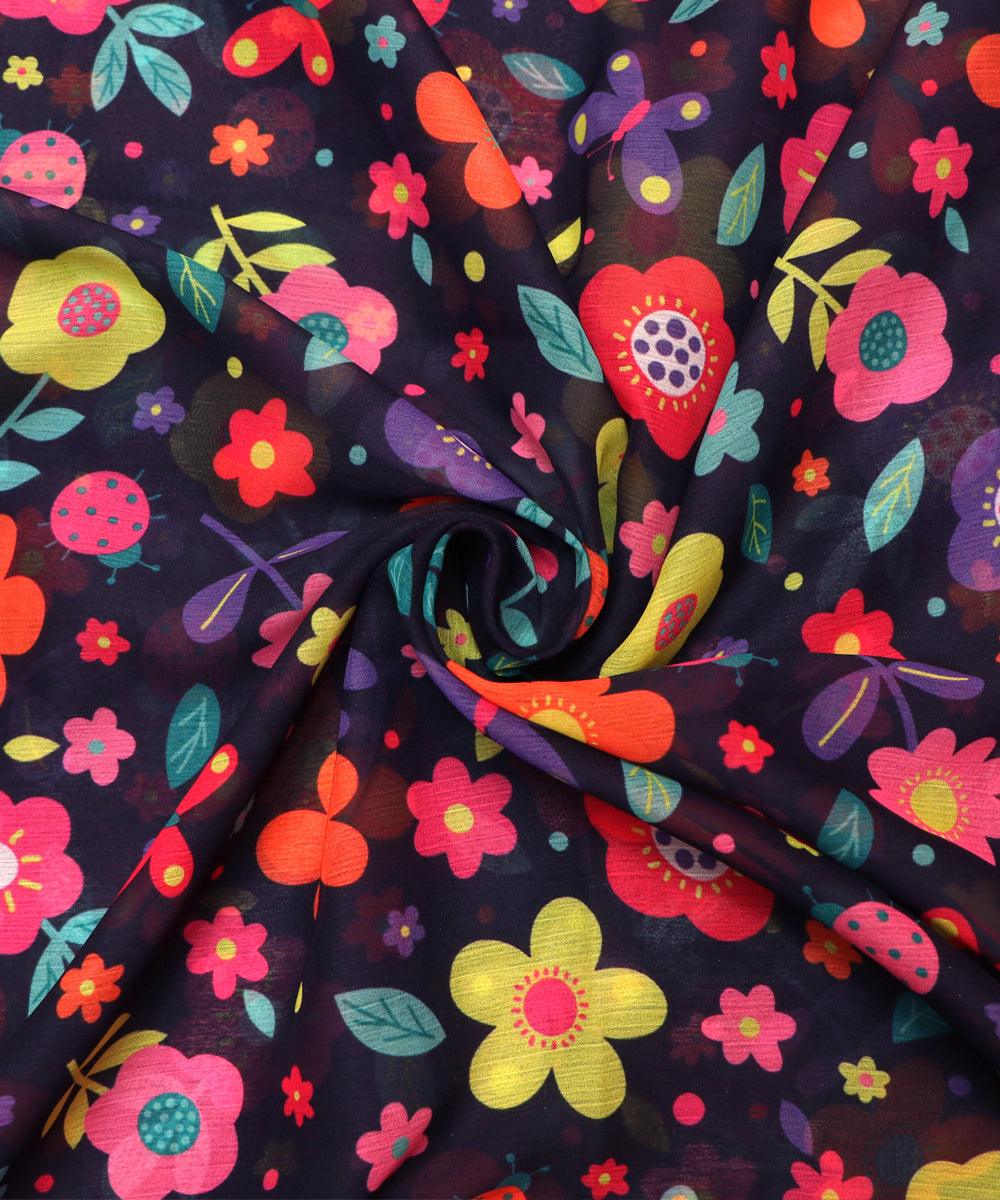 Dark Blue Colour Floral Print Digital Print Chiffon Fabric - Fabric Dekho