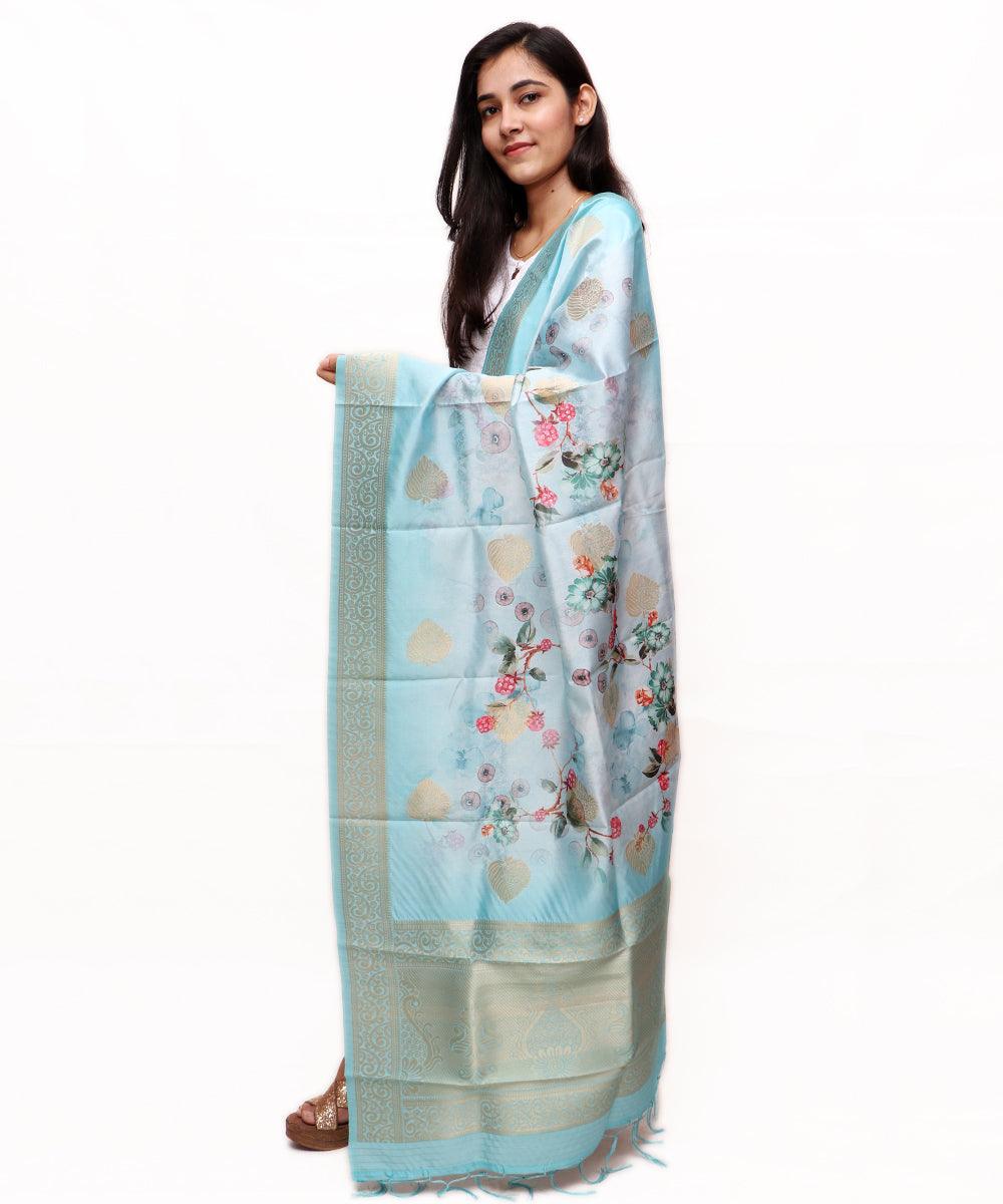 Light Blue Colour Floral Pattern Digital Print Banarasi Dupatta - Fabric Dekho
