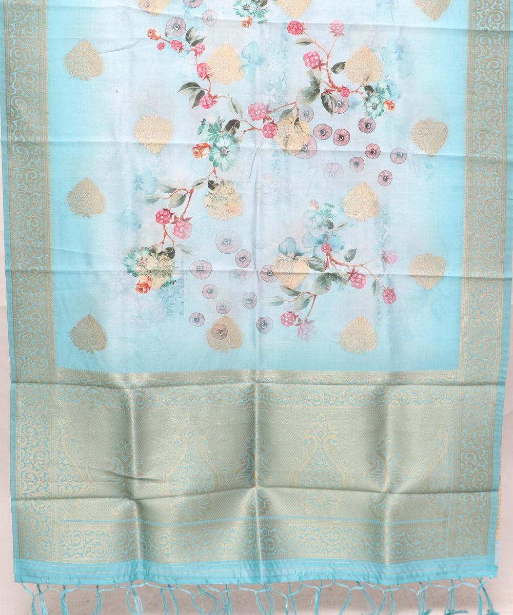 Light Blue Colour Floral Pattern Digital Print Banarasi Dupatta - Fabric Dekho