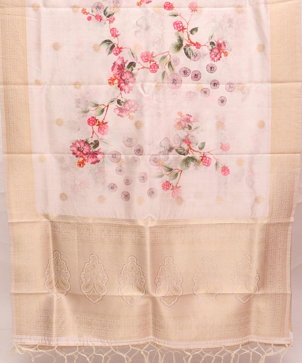 Off White Colour Floral Pattern Digital Print Banarasi Dupatta - Fabric Dekho