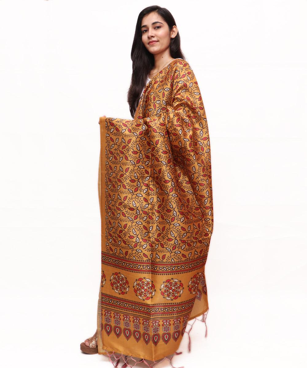 Mustard Colour Leaf Pattern Bhagalpuri Silk Fabric Dupatta - Fabric Dekho