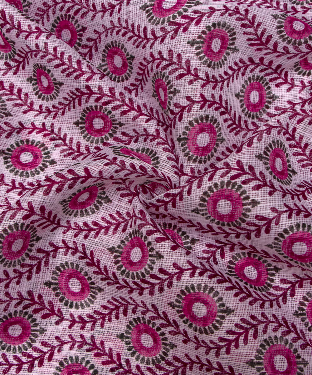 White Colour Floral Print Kota Doria Fabric