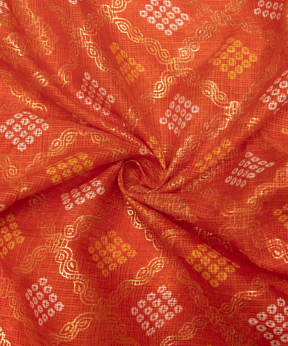 Orange Colour Bandhej Kota Doria Foil Print Fabric