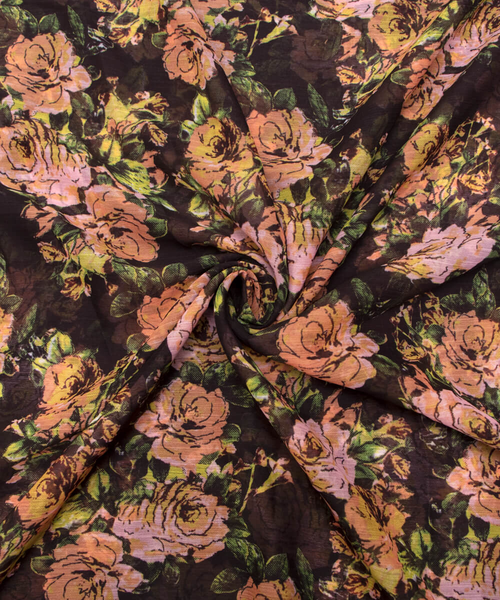 Black Colour Floral Print Chiffon Fabric