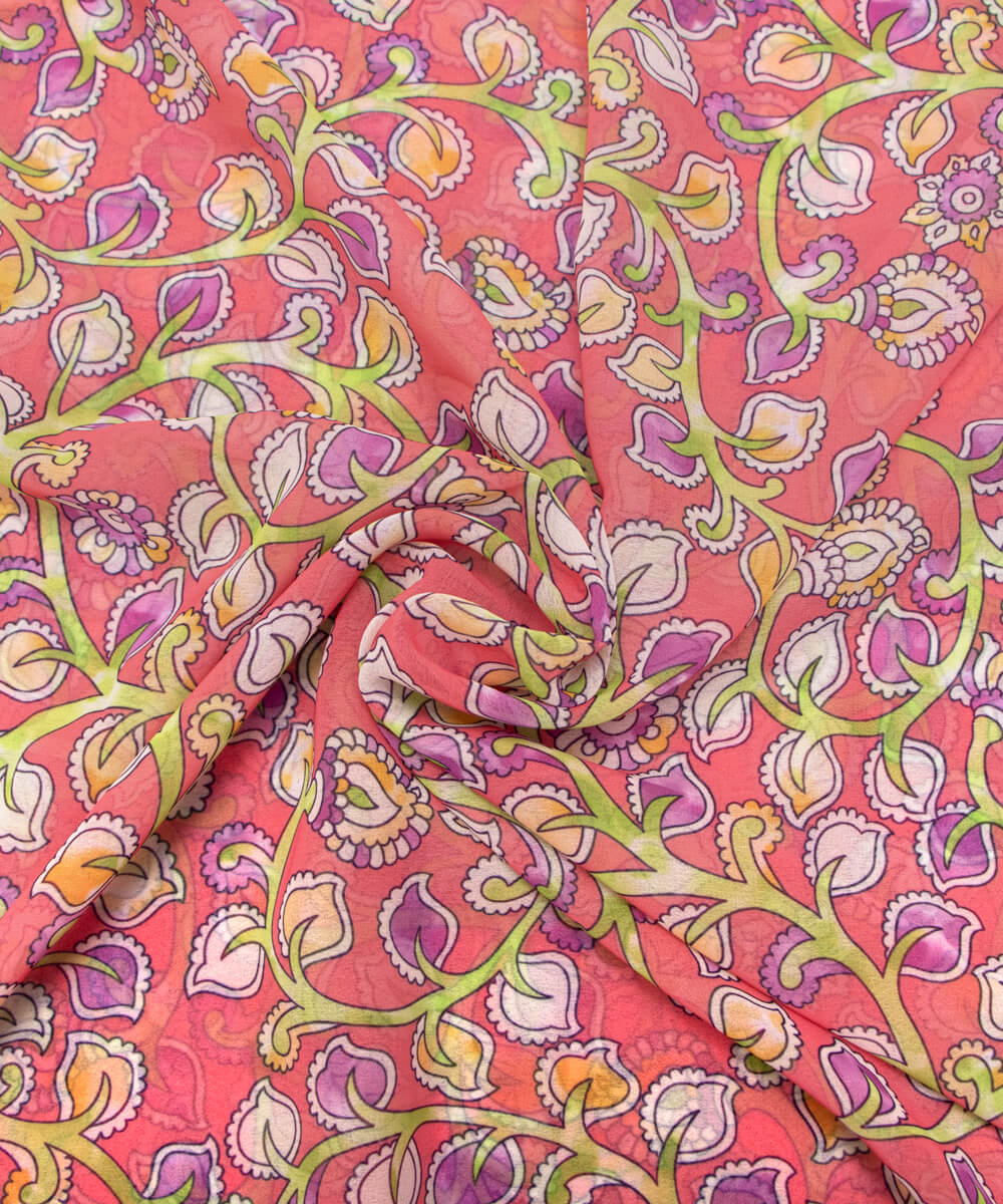 Pink Colour Leaf Print Georgette Fabric