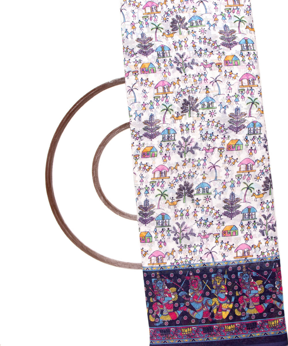White Colour Warli Print Georgette Fabric