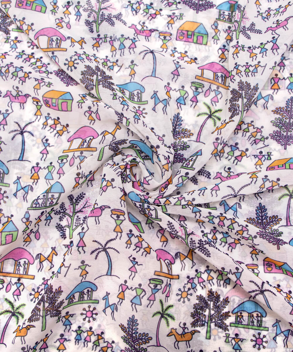 White Colour Warli Print Georgette Fabric