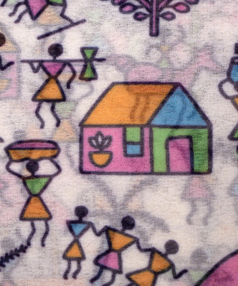 White Colour Warli Print Georgette Fabric