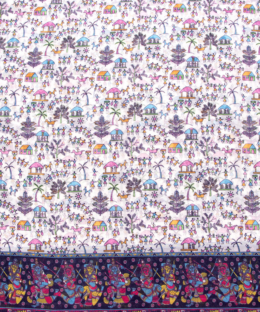 White Colour Warli Print Georgette Fabric