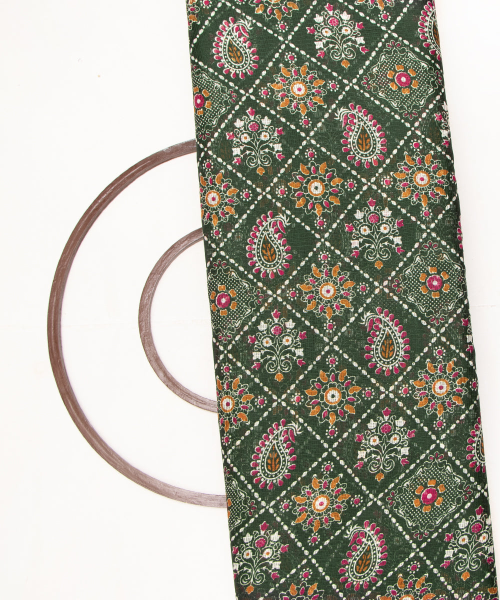 Forest Green Colour Traditional Print Kota Doria Fabric