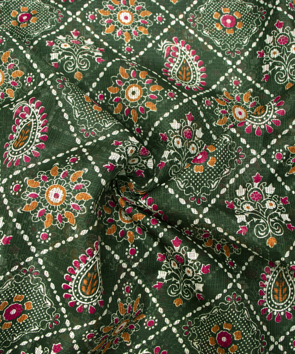 Forest Green Colour Traditional Print Kota Doria Fabric